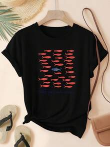 Camiseta Negra Unisex con Inspirador Diseño de Peces Rojos y Azul Único para Estilo Urbano Original y Moderno Ideal para Looks Casual y Relaxed - Negro - Ver 1