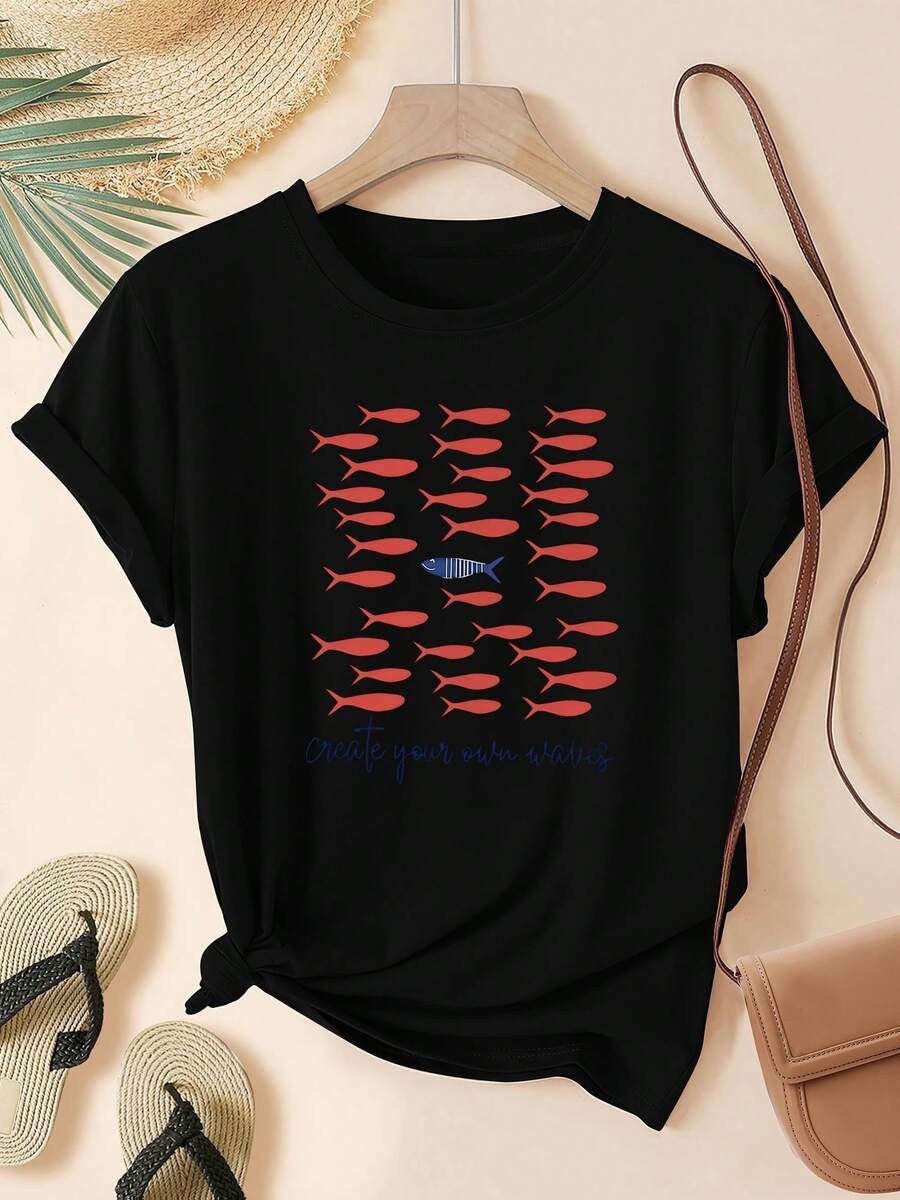 Camiseta Negra Unisex con Inspirador Diseño de Peces Rojos y Azul Único para Estilo Urbano Original y Moderno Ideal para Looks Casual y Relaxed - Negro - Ver 1
