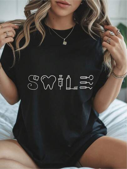 180g 1pc Casual Crew Neck T-Shirt With Orthodontic Tool Pattern- "Smile" Dental Theme Design, Suitable For Dentists And Dental Enthusiasts, Ideal Gift For Dental-Related Occasions, Dental Accessories