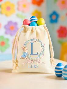 1pc Personalized Easter Bunny Drawstring Canvas Bag, Customized Letter & Wreath Rabbit Design, Kids Easter Basket And Egg Hunt Bag, Reusable Spring Party Gift Bag, Cute Easter Item Gift, Suitable For Girls, Boys, Family, Friends And Classroom Easter Party Supplies - Multicolor - View 7