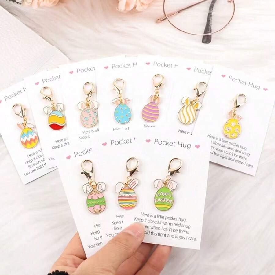 10个可爱迷你复活节兔子彩蛋钥匙扣，口袋拥抱魅力彩蛋和口袋拥抱卡片复活节钥匙圈，非常适合生日、复活节、母亲节、父亲节等特别场合，鼓励合成宝石，可爱迷你纪念品礼物 - 彩色 - 查看 1