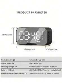 AKKHOO Altavoz Bluetooth inalámbrico con pantalla de espejo, ranura para tarjeta, reloj despertador, soporte para teléfono, visualización de temperatura en tiempo real, modos de alarma dual, altavoz Bluetooth multifuncional - Rosa - Ver 12