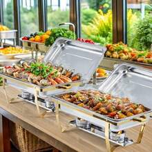 4-Pack Chafing Plate Buffet Set, 8QT Acero inoxidable Plata/Oro Servidores rectangulares Buffet y calentadores de alimentos con tapas y soportes plegables, ideal para fiestas, catering, bodas, eventos - Dorado - Ver 3