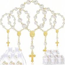 120 Packs Baptism Favors Set Includes Ivory Acrylic Rosary Beads Faux Pearls White Organza Bags With Drawstring Wedding And Christening Keepsake For Christening Wedding Supplies (Gold Bracelet) - Multicolor - View 10