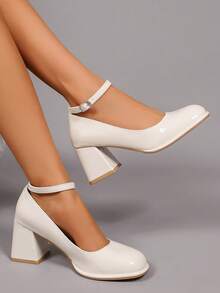 Geeyea Elegant Women's High Heels, Ankle Buckle Design, Multiple Colors To Choose From, Thick Heel Design, Suitable For Dance Parties, Also Suitable For Plus-Size Women, Shiny Leather Shoes, Local Warehouse Women's Products,Shoes For Women,Heels For Women,Local Warehouse Items For Women - 白色 - 查看 6