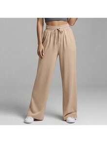 Kit 2 Calça Versatil Confortável Mulher Feminina Casual Wide Leg Cintura Elástica Cós Largo Sofisticado - Marrom e Palha - Visão 6