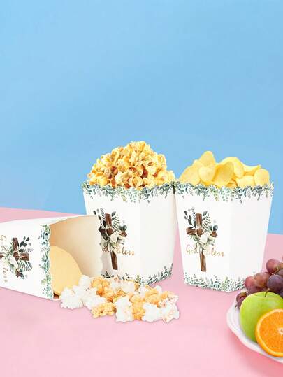 10pcs/30pcs/50pcs God Bless Christening Popcorn Boxes, Green Leaf Design, Mini Paper Popcorn Containers Suitable For First Communion, Baptism Celebration, Baby Shower, Religious Party Decorations
