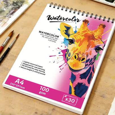 Artist-Grade A4 Watercolor Sketchbook With Giraffe Cover - Heavy-Duty Thick Spiral Binding & Perforated Pages, Lightly Textured 100gsm Paper (30 Sheets) - Watercolor Painting Book For Artists, Students, Beginners Suitable For Watercolor Painting &