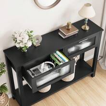 Mesa Consola de Madera para Entrada, Mesa de sofá de 2 Niveles con 2 cajones de Vidrio y Almacenamiento, Ideal para Sala de Estar y vestíbulo - Negro - Ver 5