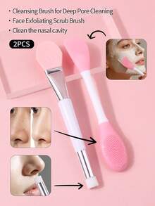 2 piezas Cepillo de silicona de doble extremo para aplicar mascarillas faciales, cepillo de limpieza facial para aplicar mascarillas de barro, masaje, herramientas de maquillaje y belleza - Blanco - Ver 2