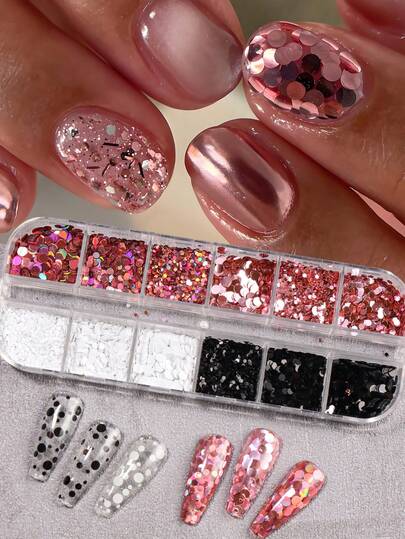 12 Compartments/Box Holographic Rose Red Polka Dot Nail Sequins, Pink Black White Round Glitter Confetti Mixed Size, DIY Wedding Manicure Decor, Spring/Summer Nail Art Supplies