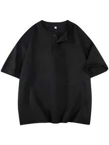 1件男士黑色亨利领短袖T恤，针织面料，透气吸湿，抗皱，复古风格休闲舒适短袖T恤，适合日常通勤和轻度社交场合。 - 黑色 - 查看 4