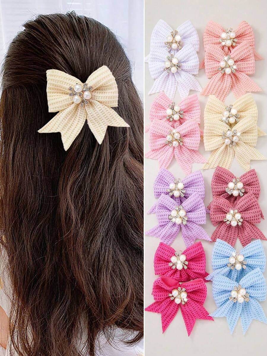 14件套水钻珍珠蝴蝶结发夹，优雅侧刘海夹，适合日常佩戴 - 彩色 - 查看 1
