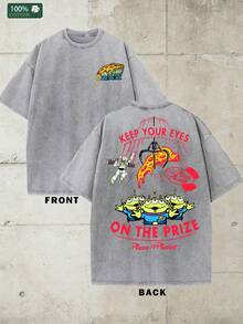 Disney-Toy Story Three Eyed Boy Pure Cotton Short Sleeved T-Shirt For Men In Summer Doing Old Water Washed Loose Large Top Pizza Planet Printed Casual Half Sleeve Parent Child Wear - 淺灰色 - 查看 3