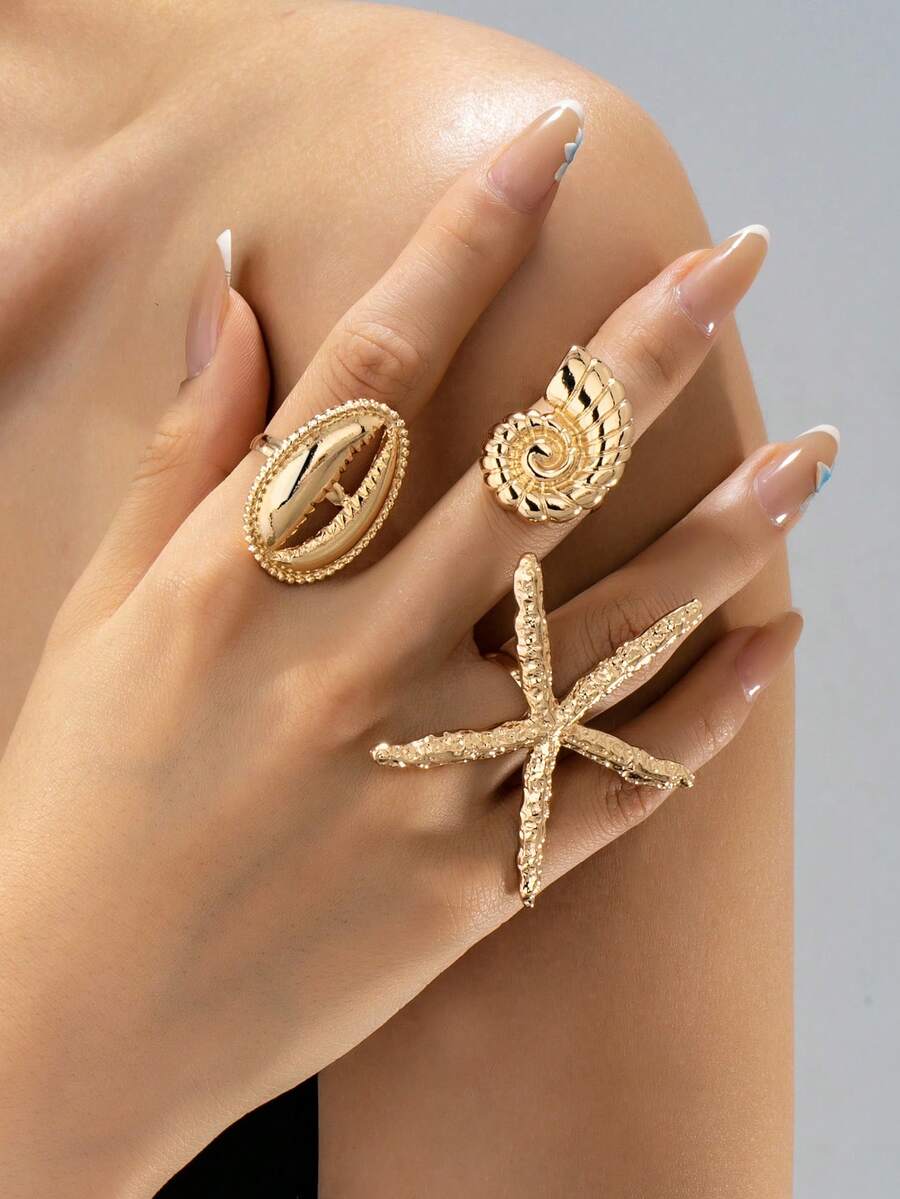 3pcs/Set Beach Style Starfish & Shell Ring Set, Boho Vacation Statement Rings, Suitable To Pair With Bikini - Gold - View 1