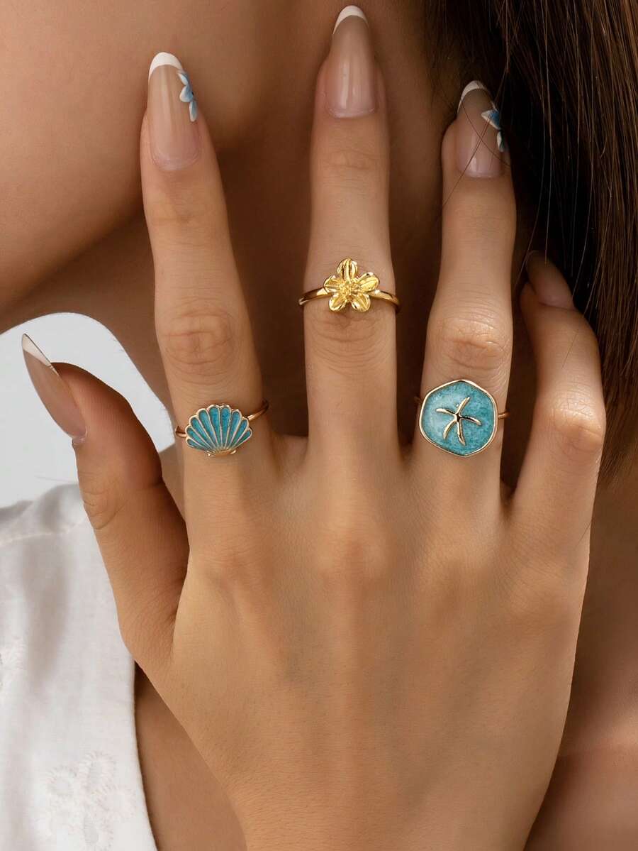 3件套夏季度假风海星花朵戒指套装，海洋生物贝壳戒指首饰配饰，适合搭配比基尼泳装，热带海滩旅行 - 彩色 - 查看 1