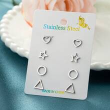 4 Pairs / Set Golden Stainless Steel Geometric Stud Earrings Set ,Heart Shape, Five-Pointed Star, Circle, TriangleSymmetrical Geometric Shapes, Suitable For Daily Wear Or As Gifts - ZH022 - View 3