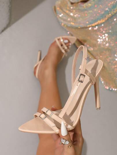 French Strap Buckle Sandals For Women, New Summer Peep Toe Elegant Sexy Solid Color Thin Heels Suitable For Dresses