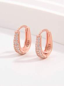 Vaerine 1 Pair Delicate Lightweight 925 Sterling Silver Half-Circle Small Stone Cluster Double Hoop Earrings, Women's Party & Daily Accessory Gift - Rose Gold - View 6