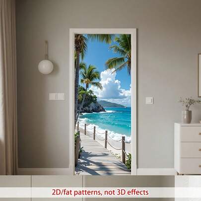 1/2pcs Tropical Beach Path PVC Door Sticker - Festive Decorative Door Stickers Suitable For Kitchens, Office Corners, And Outdoor Walkways, With Removable Self-Adhesive Backing.