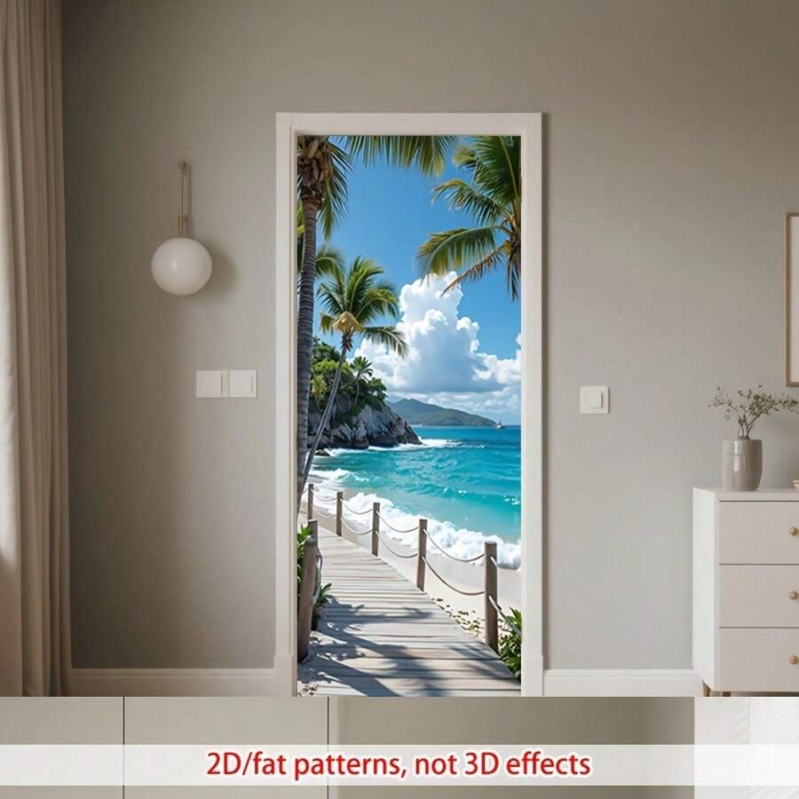 1/2 buah Stiker Pintu PVC Motif Pantai Tropis - Stiker Pintu Dekoratif Meriah Cocok Untuk Dapur, Sudut Kantor, Dan Jalan Setapak Luar Ruangan, Dengan Perekat Mandiri yang Dapat Dilepas. - Gaya 1 - View 1