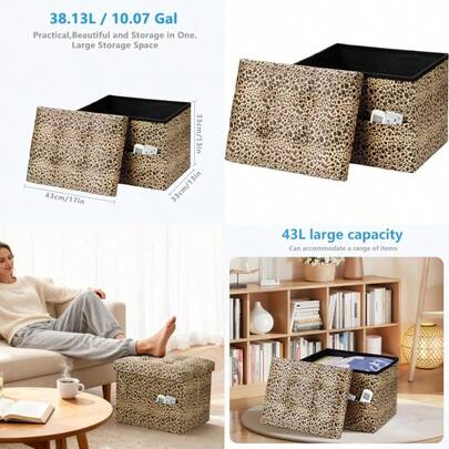 Storage Ottoman Folding Foot Rest Stool With Side Pocket 17 Inch Velvet Footstool Bench Short Ottoman Bench Storage Foot Rest Store Blanket Chest Leopard Print