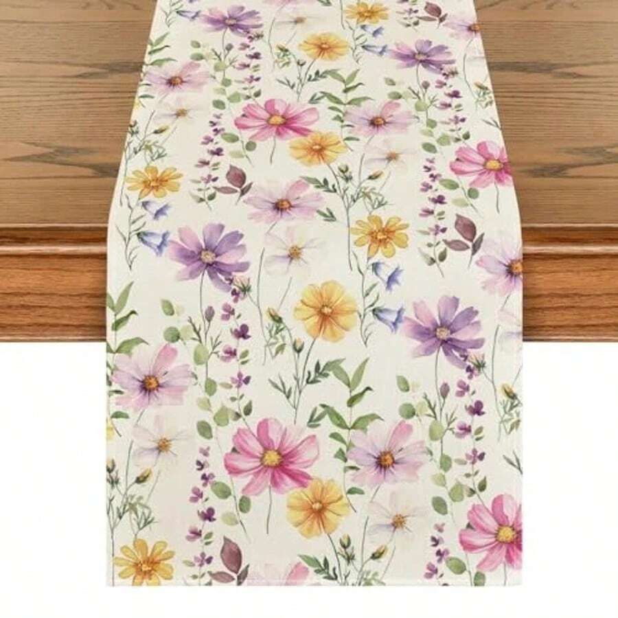 1pc Spring Floral Print Table Runner, With Eucalyptus And Daisy Flower Pattern, Linen-Feel Table Runner, Seasonal Spring Kitchen Decor, Outdoor Holiday Party Decoration, Suitable For Home Decor, Family Party Table Setting - Multicolor - View 1