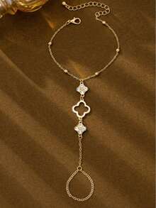 1pc Fashionable Minimalist Four-Leaf Clover Beaded Finger Chain Bracelet, Suitable For Women - Gold - View 2