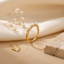 1pc Minimalist Pearl & Rhinestone Shell Geometric Ring, Suitable For Women's Daily Wear - Stainless Steel Ring - View 4