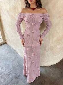 GlamSlay elegantes Blume Muster Off-Shoulder Langarm Kleid, luxuriöser Abendmantel, geeignet für Brunch Dates, Gartenfeste, gemütliche Stadtabende, Urlaube und mehr - Pink - Übersicht 5