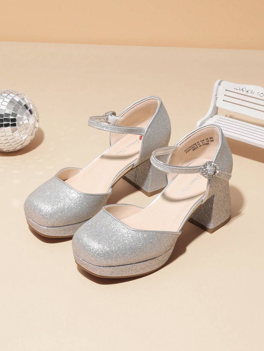 Girls Glitter Platform High Heels Square Toe Ankle Strap Wedding Party Pumps Flower Girl Shoes For Little Big Kid - 銀色 - 查看 1