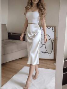 白色缎面高开衩纽扣半身裙，法式优雅A字裙，春季款 - 白色 - 查看 4