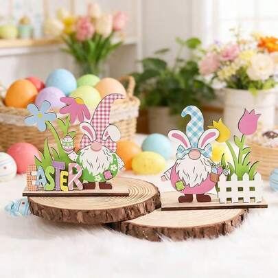 1个复活节兔子耳朵小矮人木制装饰品 - DIY复活节彩蛋花卉+复活节字母元素场景装饰道具，春季桌面氛围装饰，复活节主题可爱场景搭配单品 - 家居桌面/餐桌场景氛围装饰