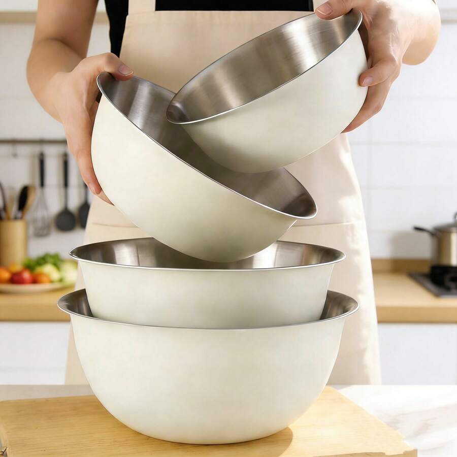 Set med stapelbara rostfria blandskålar i olika storlekar, matta färglagda utsidor, metallskålar för sallad, servering och förberedelse, för kök, bakning, sallad, frukt, nudlar och matförvaring - benvitt - Visa 1