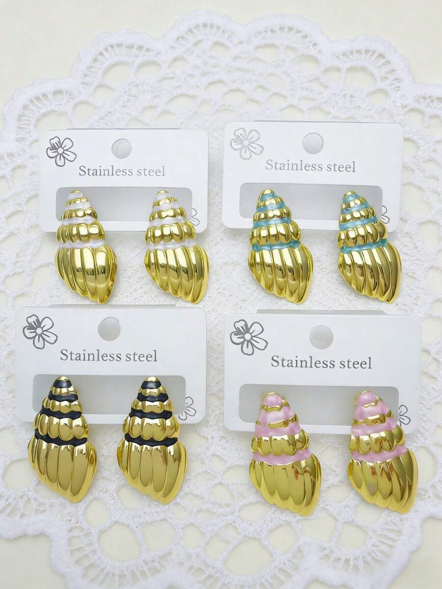 四对不锈钢海螺形耳钉，海洋主题设计，适合日常佩戴和参加派对。 - 彩色 - 查看 1