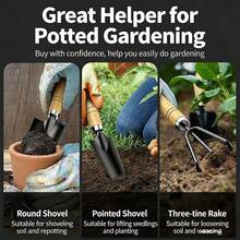 3件套园艺工具套装 - 加厚碳钢宽铲+窄铲+三齿耙，防锈涂层，加长实木防滑手柄，第二代淬火钢，一套可替代10件工具！适用于家庭园艺、盆栽、翻土、除草、蔬菜种植、海滩寻宝、露营等。 - A - 查看 10
