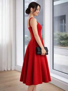 Women's Midi Dress With Square Neckline And Defined Waist - 紅色 - 查看 1