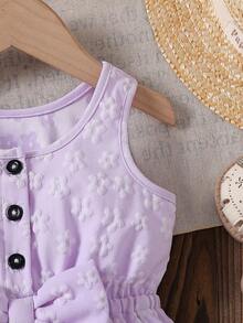 Baby Girls' Cute Solid Color Round Neck Sleeveless Bow Decor Button Design Half-Placket Romper, Suitable For Home, Daily Wear And Outings, Spring/Summer - Purple - View 7
