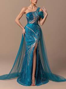 Faeriesty Wunderschönes einschultriges bodenlanges Abendkleid mit Perlenbesatz, asymmetrischer Tüllverzierung und hochgeschlitztem Meerjungfrauenrock - figurbetonter Schnitt für Sommerhochzeiten, rote Teppiche und elegante Partys - Taubenblau - Übersicht 5