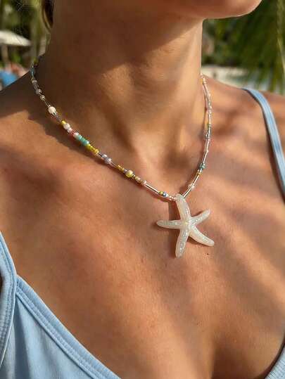 1pc Glitter Starfish Beaded Necklace, Suitable For Women To Wear On Vacation And Beach