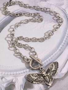 波西米亚哥特式飞蛾骷髅哥特蝴蝶吊坠Y2K项链，男女皆宜 - 銀色 - 查看 3