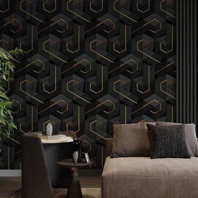 1 Roll Of Modern Geometric Gold Hook Self-Adhesive Wallpaper-Waterproof Golden Design, Can Be Peeled Off And Pasted At Any Time, Textured Wall Coverage, Suitable For Living Room, Bedroom, Dining Room, Corridor, Entertainment Room, Wall Decoration, Home Decoration