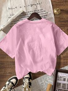 Damen Lässig Rundhals Kurzarm T-Shirt mit niedlichem Bären Muster, Geschenk für Frauen, Frühling und Sommer - Babypink - Übersicht 2