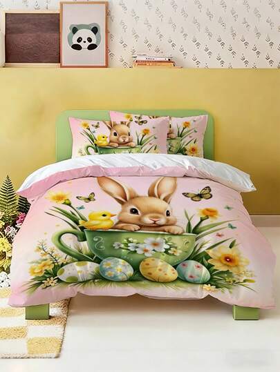 3件套复活节主题床上用品套装（1个被套+2个枕套，不含枕芯），兔子和复活节彩蛋图案，柔软舒适，适用于卧室、客房和宿舍。可选尺寸：特大号、大号、标准双人床、单人床。送给父母、朋友、伴侣的完美礼物。