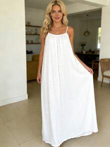 Women's Sexy Backless Solid Color Spaghetti Strap Maxi Dress, Loose Sleeveless Empire Style Dress, 2026 Summer New Arrival - trắng - Xem 5