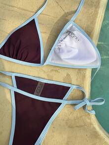 三件套女士条纹拼接比基尼泳衣，时尚沙滩度假泳装，夏季棕蓝色短裤式泳装，适合外出、生日派对、休闲穿着，Y2K风格，时尚潮流，街头风，度假、音乐节、泳池派对等场合 - 藍棕色 - 查看 8