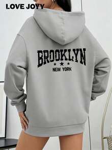 Áo hoodie nữ in chữ LOVE JOYY, rộng rãi và thoải mái, áo nỉ chui đầu thời trang thường ngày, phù hợp cho mùa thu/đông, màu xám. - Xám - Xem 3