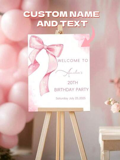 Placa de boas-vindas personalizada com laço rosa (1 unidade), ideal para decoração de festas de aniversário de meninas (1º, 2º ou 3º ano), casamentos, aniversários, aposentadorias, lembrancinhas de boas-vindas personalizadas (inclui nome e data), decoração para casa e jardim. Tela decorativa moderna com estampa de laço rosa para pendurar na parede (moldura não inclusa).