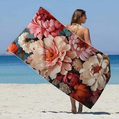 מגבת חוף מודפסת אחת, מגבת בגדי ים עם דוגמה פרחונית, מגבת מיקרופייבר רכה וסופגת, מתאימה לחדר אמבטיה, שחייה, כושר, יוגה, קלת משקל וניידת, עמידה בפני רוח/שמש/חול, נהדרת לטיולי קיץ, חופשה, עיצוב חדר אמבטיה