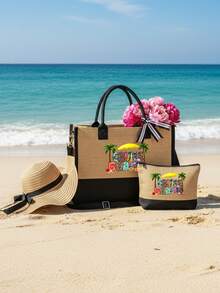 Black Khaki Set With The Letter "Beach" Printed On It, Beach Bag, With Makeup Bag, Small Square Bag, Hat, Large Capacity, Shoulder Strap, Adjustable, Convenient Small Bag Combination, Solving The Problem Of Messy Travel Cosmetics, Professional Makeup Bag, Square Bag, Tote Bag, Coin Purse, Storage Bag - Multicolor - View 9